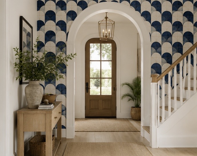 AI concept of a coastal beach house entryway featuring Painted Paper's Jemmie wallpaper, white oak flooring, and warm brass lighting. Beach house wallpaper ideas. 