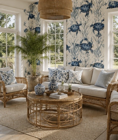 AI concept of a bright beach house sunroom featuring Painted Paper's Swayze turtle wallpaper, wicker furniture, tropical plants, and blue and white ceramics.
