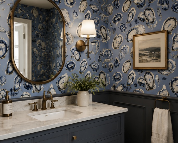 AI-designed beach house powder room featuring Painted Paper's Silas oyster wallpaper with marble and brass finishes. Beach house wallpaper ideas. 