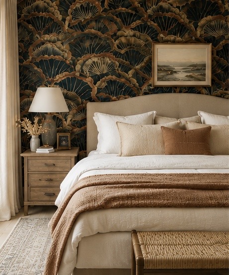 AI concept of a coastal primary bedroom featuring Lichen Faux Grasscloth wallpaper, neutral bedding, linen curtains, and warm wood furnishings.