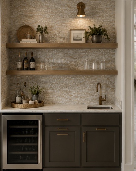 AI-designed beach house bar nook featuring Mosaic Harmony Faux Grasscloth wallpaper, dark cabinetry, open shelving, and brass accents.